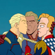 Three Homelanders—one pale, one tan, and one drawn cartoonishly—make out with each other in the sky.